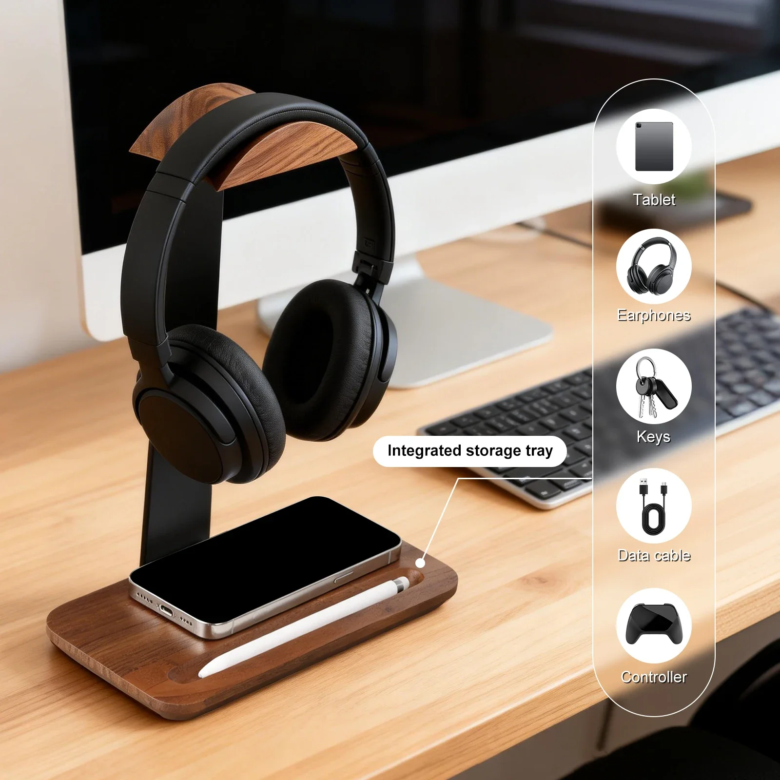 حامل سماعات رأس خشبي عالمي مع  - مراجعة Headphone Stand Desk وسعره